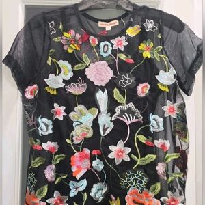 Sheer Black & Neon Floral Colorful Embroidered Blouse, camisole included. XS